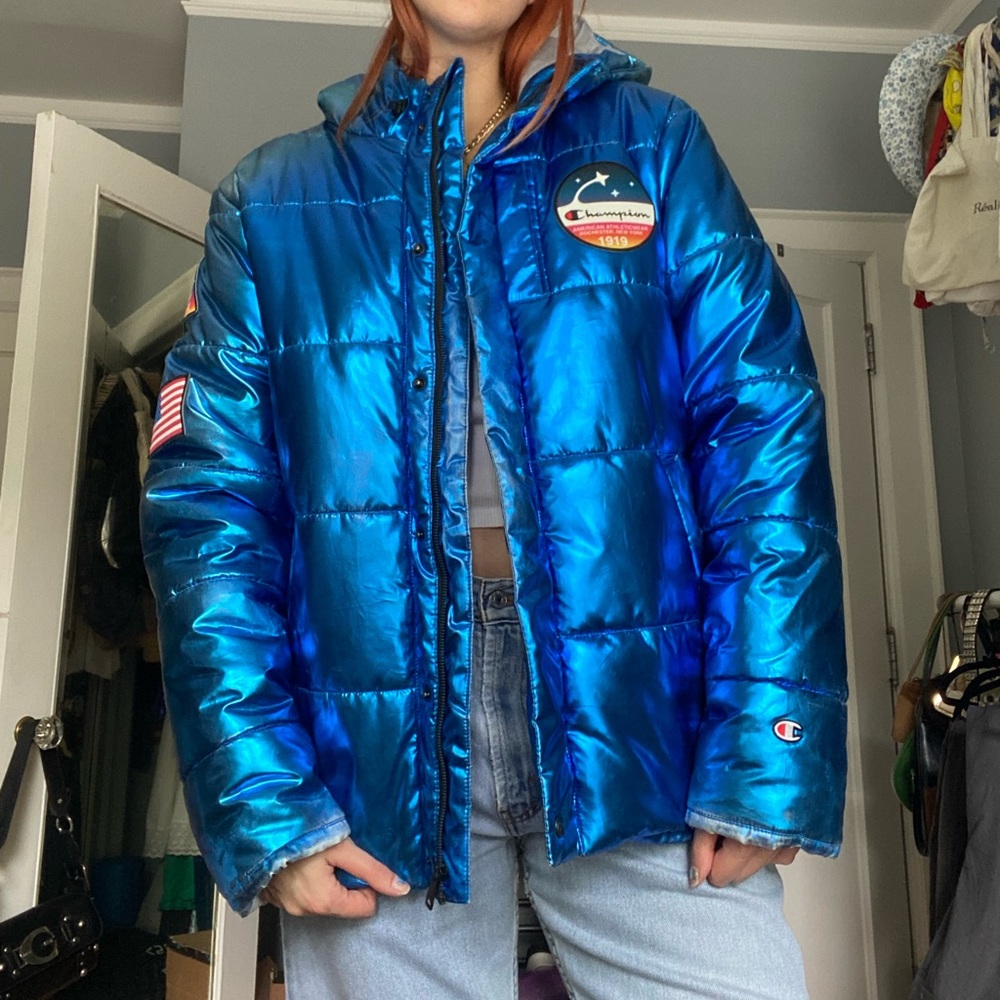 champion blue metallic puffer jacket